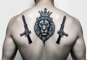 lion with a crown, surrounded guns tattoo idea