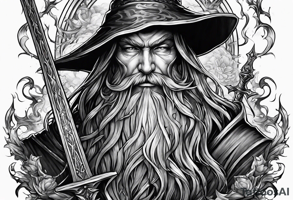 Wizard
with long sword on a pile of dead demons tattoo idea