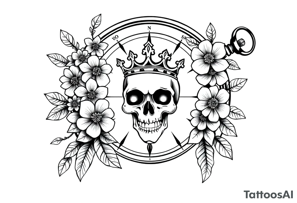 Compass with detailed beautiful gothic boho flowers on vine and skull with gorgeous crown tattoo idea