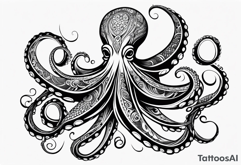 Hawaii tribal octopus with thick lines, less detail, and water waves tattoo idea