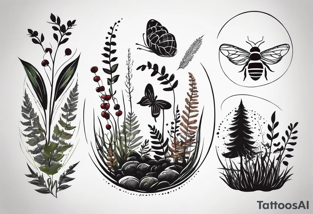 forest floor inspired minimalist tattoo, which includes grass, curly ferns, moss and dead leaves as the bulk of the tattoo. details to include: forest berries, a tiny bumblebee flying nearby, three small brown mushrooms
Generate a vertically long one tattoo idea