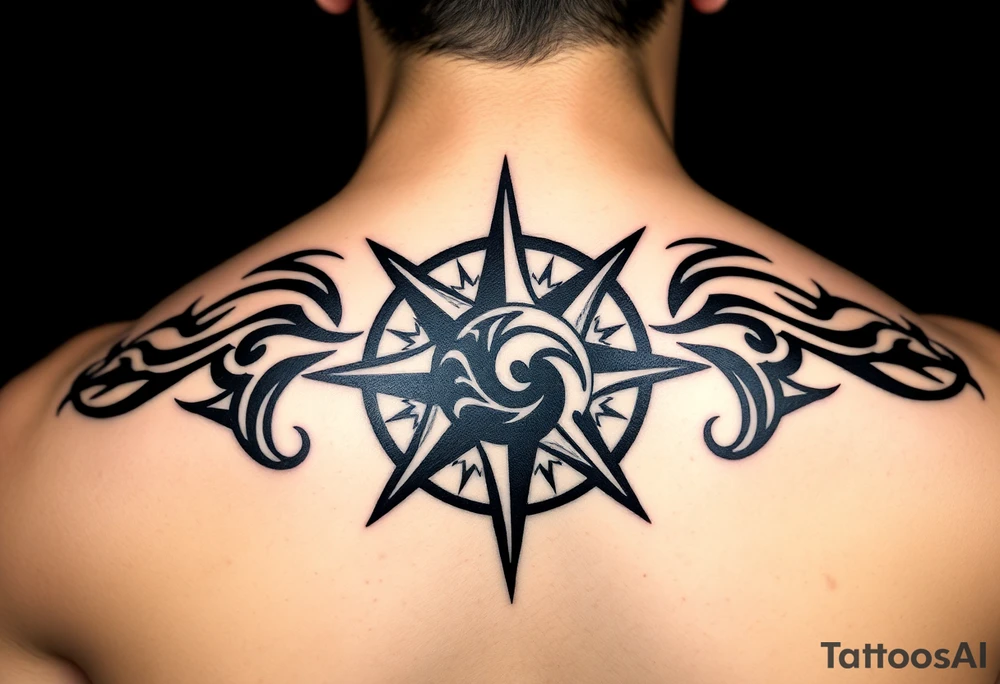A sharp edged rip curl wave inside of a compass rose tattoo idea