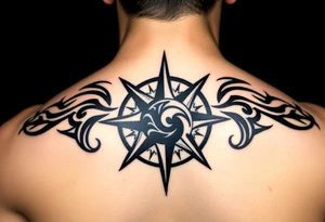 A sharp edged rip curl wave inside of a compass rose tattoo idea