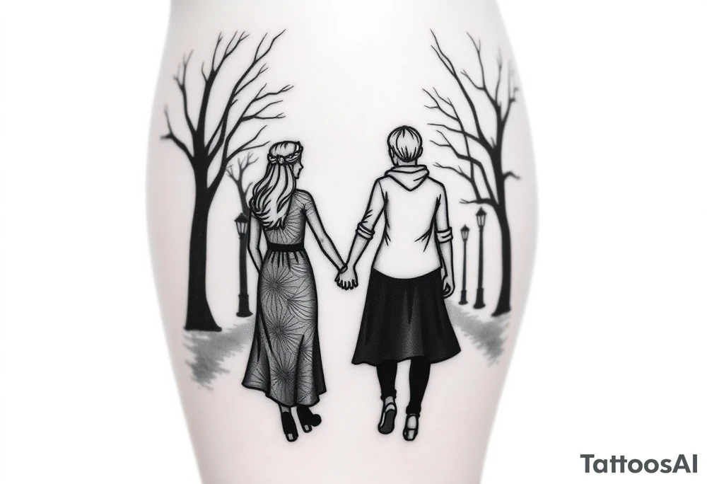 Romantic date between a couple holding hands walking down a path holding hands under street lights tattoo idea