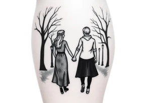 Romantic date between a couple holding hands walking down a path holding hands under street lights tattoo idea