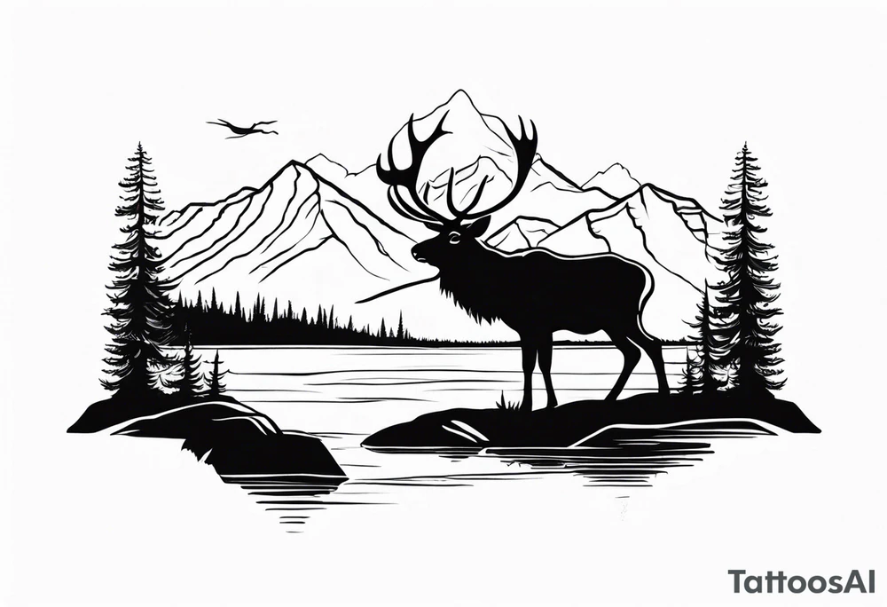 majestic elk near a lake, with mountains in the background tattoo idea