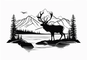 majestic elk near a lake, with mountains in the background tattoo idea