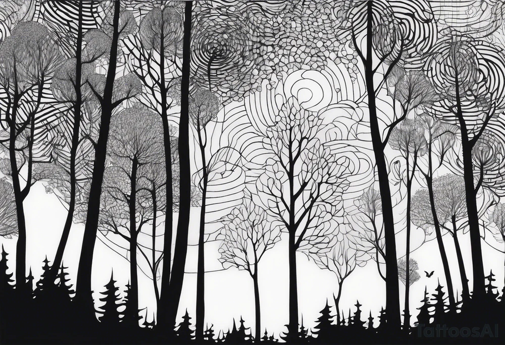 Draw me a Magical forest with s lot of trees in 2D and every tree is black and you see every treetop tattoo idea
