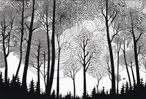 Draw me a Magical forest with s lot of trees in 2D and every tree is black and you see every treetop tattoo idea