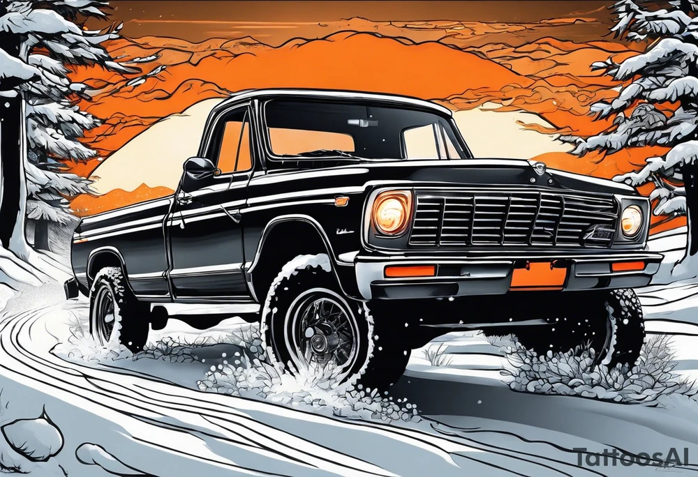 Peter bill driving through the snow with orange light striking behind it tattoo idea