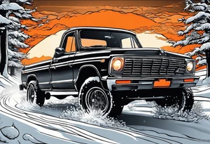 Peter bill driving through the snow with orange light striking behind it tattoo idea