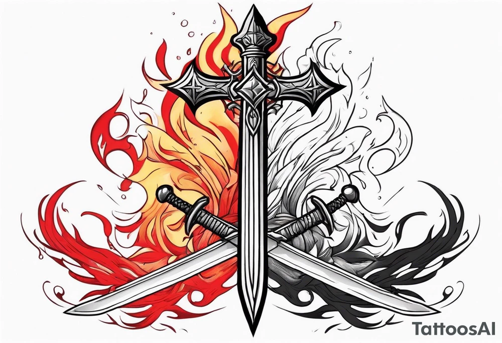 Heart with a sword running throught it and a cross and red flames coming out the top tattoo idea