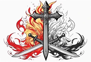 Heart with a sword running throught it and a cross and red flames coming out the top tattoo idea