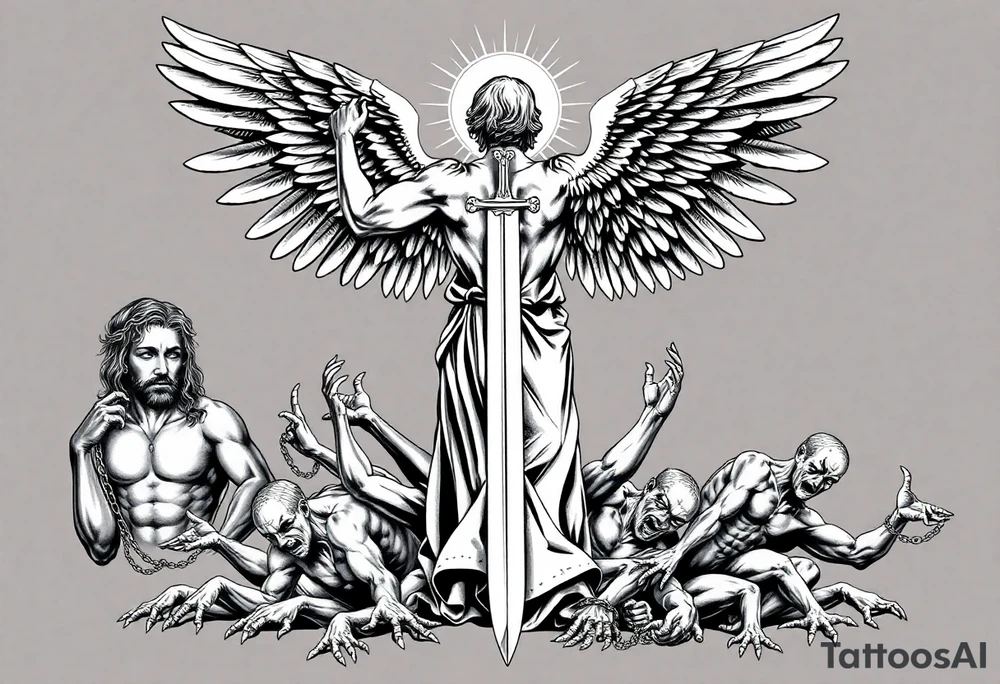 The tattoo is a black and gray, highly detailed, full-back design in a classical artistic style, depicting a powerful Archangel Michael as the central figure. He stands in a dominant stance, wielding a long, intricately designed sword, symbolizing divine justice. His large, majestic wings extend outward, detailed with fine feather textures, creating a sense of movement and grandeur. A radiant halo or divine light emanates from behind his head, reinforcing his celestial presence.

Below Archangel Michael, defeated demons writhe in agony, their faces twisted in expressions of despair as they are cast down. Their muscular, contorted bodies contrast with the angel’s calm, commanding presence. Some demons may have broken chains around them, symbolizing their fall from grace.

To the left of Archangel Michael, Jesus Christ is depicted wearing a crown of thorns, his face solemn and contemplative, representing sacrifice and redemption. His hair flows naturally, and his eyes may be gazing downward with an expression of divine wisdom and sorrow. His placement aligns with Christian iconography, adding to the religious depth of the tattoo.

On the right side, a sorrowful Virgin Mary is depicted with a serene yet deeply emotional expression. She is draped in flowing robes, her hands clasped in prayer or gently outstretched. Her presence balances the composition, representing mercy, compassion, and divine grace.

The background features dramatic, swirling clouds, rays of light, and subtle celestial elements to enhance the spiritual and dramatic atmosphere. The shading technique uses deep contrasts and smooth gradients to create depth, making the figures appear almost sculptural. Every detail, from the folds of the robes to the individual feathers of Michael’s wings, is meticulously rendered for a realistic and timeless aesthetic. tattoo idea