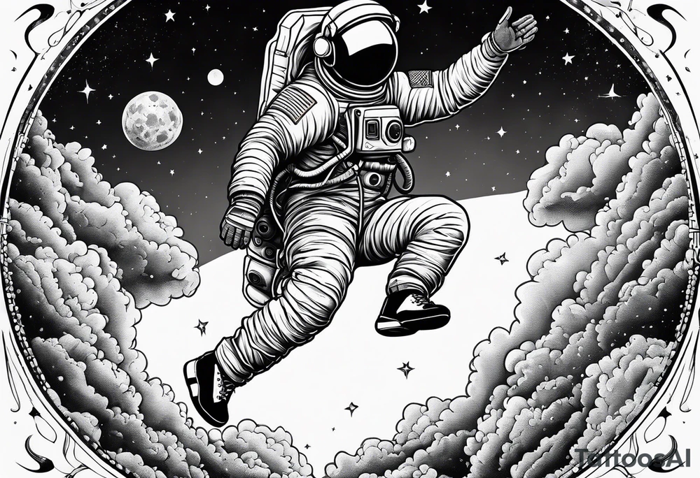 An astronaut floating upside down with 1990's air jordan shoes on his feet tattoo idea