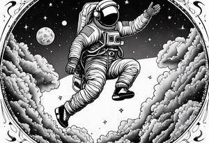 An astronaut floating upside down with 1990's air jordan shoes on his feet tattoo idea