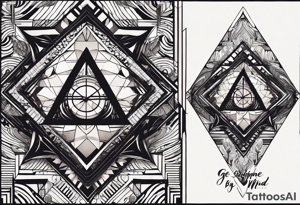 motivational depiction centered around the bold word “DISCIPLINE”, accompanied by phrases like “Be yourself”, “Get out of your mind”, and “Your time is limited”, along with a geometric illustration and radiating lines. tattoo idea