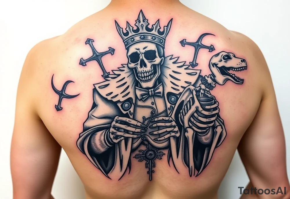 evil skeleton king in clothes having a good time getting drunk with skeleton dog tattoo idea