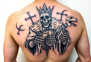 evil skeleton king in clothes having a good time getting drunk with skeleton dog tattoo idea