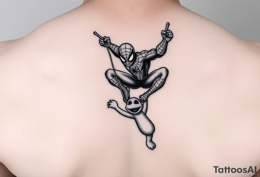 spiderman swinging from a web saving elmo tattoo idea