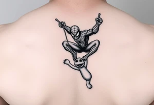 spiderman swinging from a web saving elmo tattoo idea