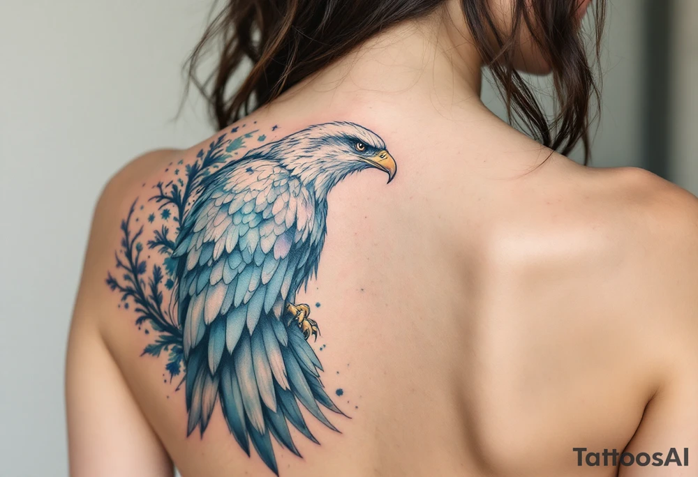 An Aquarius goddess with an eagle perched on her shoulde with word "aquarius" tattoo idea