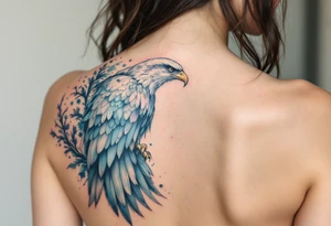 An Aquarius goddess with an eagle perched on her shoulde with word "aquarius" tattoo idea