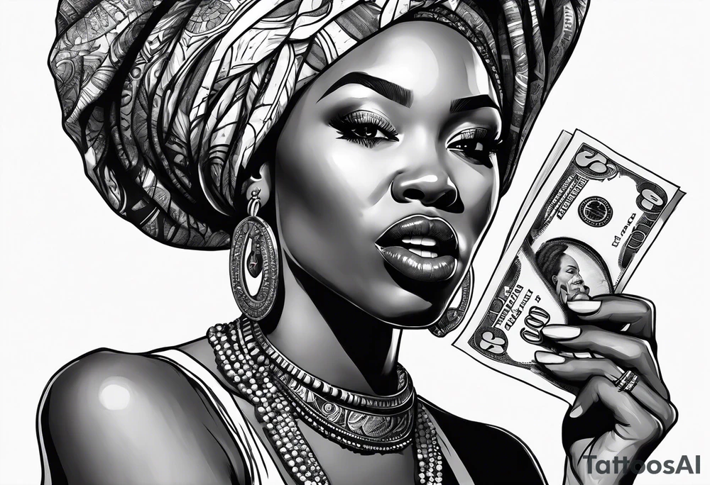 african woman biting money tattoo idea
