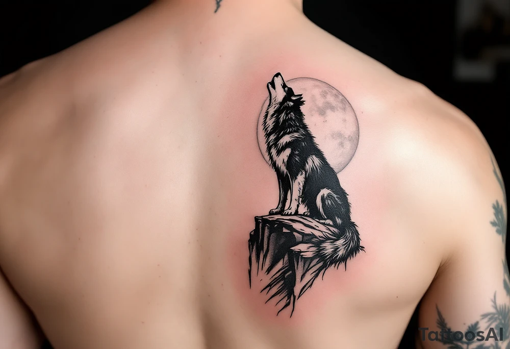 Husky Howling at Moon – Silhouette of a howling husky in dark gray ink, standing on a cliff with a full moon behind in pale off-white and gray shades. tattoo idea