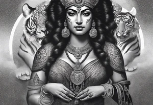 durga goddess, riding a tiger, kali, pirate, pachamama, chest tatoo tattoo idea