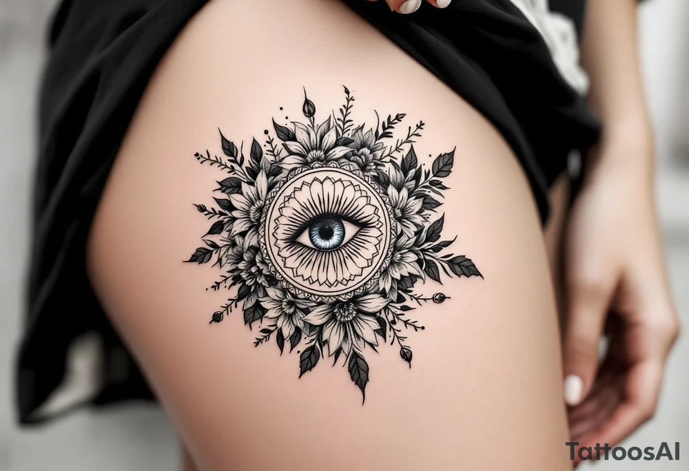 A simple yet powerful circle with the design of an eye of protection (like the Evil Eye symbol) at the center, surrounded by soft floral patterns. This tattoo symbolizes both spiritual protection and femininity. tattoo idea