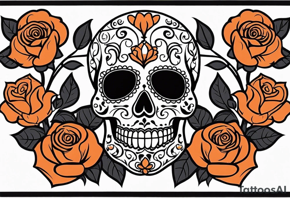 Sugar skull with roses that are orange and black with smoke around it tattoo idea