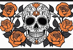 Sugar skull with roses that are orange and black with smoke around it tattoo idea