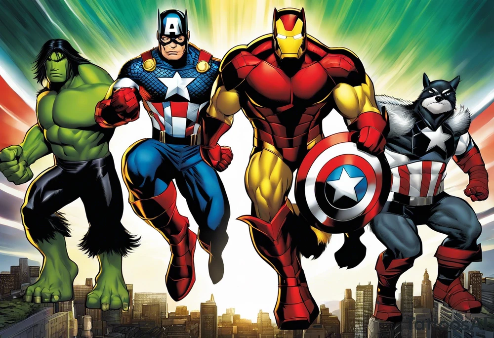 A super hero team which is combination of animals. For example:
Hulk will be represented by a Badger.
Thor will be depicted as an Alpha Grey Wolf.
Captain America will be symbolized by a Bull.
Iron Man's character will be embodied by a Canary.
Black Widow's role will be portrayed by an Axolotl.
Hawkeye will be depicted as a Sudan Plated Lizard.
Nick Fury will be represented by a Cat. tattoo idea