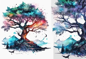 Tree with space fightera in the background tattoo idea