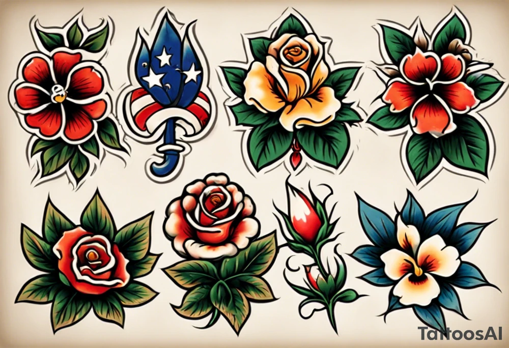 Three American traditional flowers tattoo idea