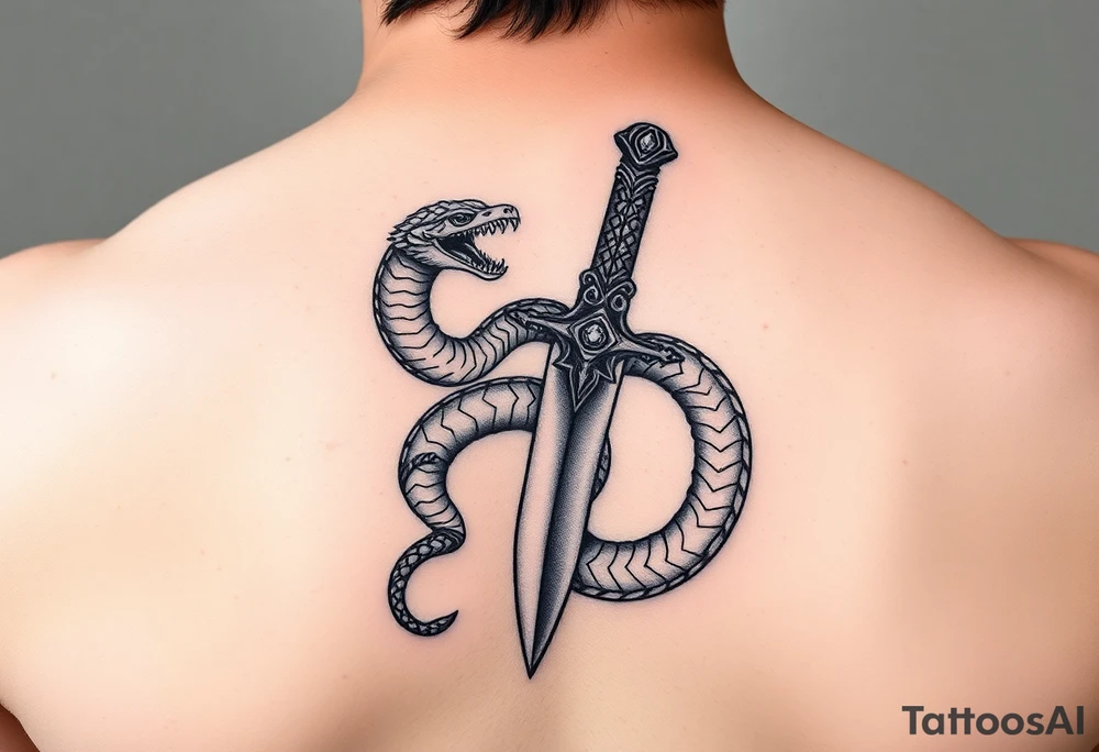 mystical snake coiled around an ancient dagger with jeweled hilt tattoo idea