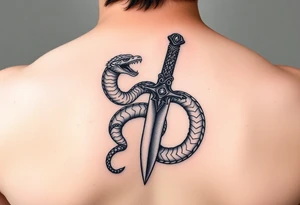 mystical snake coiled around an ancient dagger with jeweled hilt tattoo idea