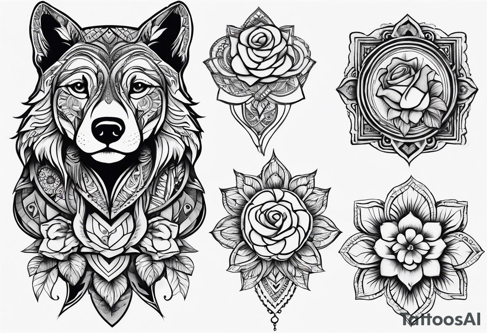Quero uma manga com um relógio  de bolso, 3 rosas, as patas de um cão  e tudo com um fundo em tribal tattoo idea