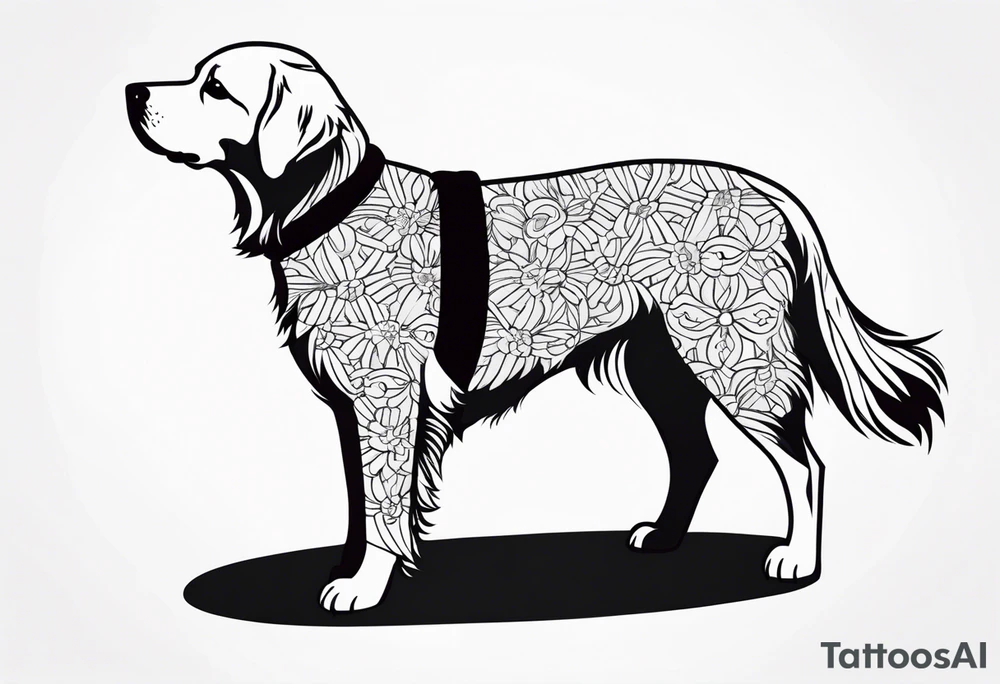 a golden retriever in a kimono full body view wearing a black karate belt tattoo idea