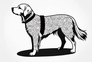 a golden retriever in a kimono full body view wearing a black karate belt tattoo idea