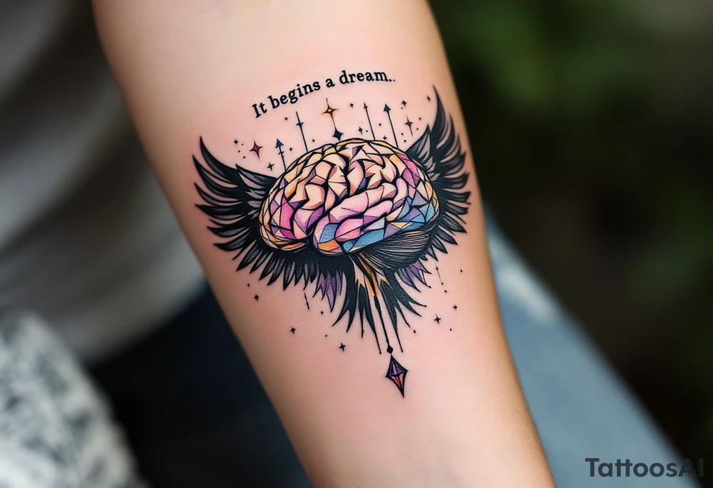 Tattoo inspired in the gifted brain in geometric and straight lines, with few watercolor details but mostly black, symbols representing intelligence, creativity and dreaming flying arround, the phrase "It begins with a dream", and raven wings behind tattoo idea