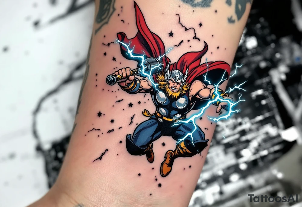 A comic book-style Thor mid-flight, striking lightning down with Mjölnir, in bold reds, blues, and silvers with dynamic shading. tattoo idea