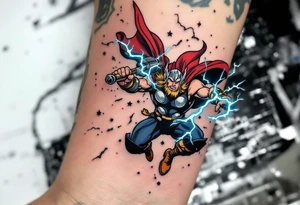 A comic book-style Thor mid-flight, striking lightning down with Mjölnir, in bold reds, blues, and silvers with dynamic shading. tattoo idea