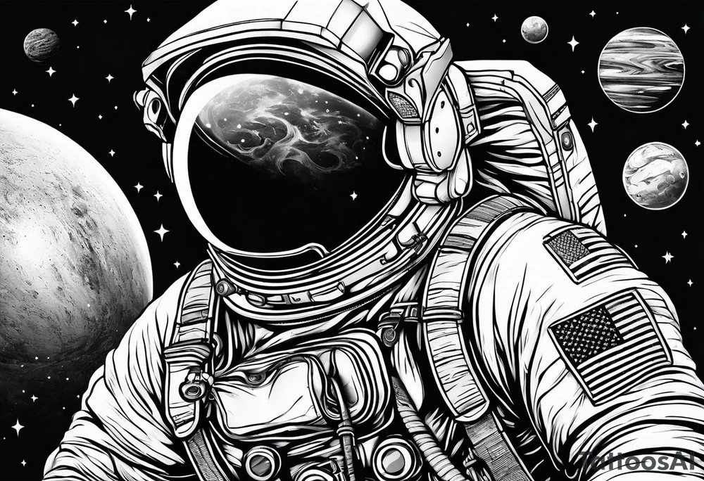An astronaut floating in space with planets around him tattoo idea An astronaut floating in space with planets around him tattoo idea