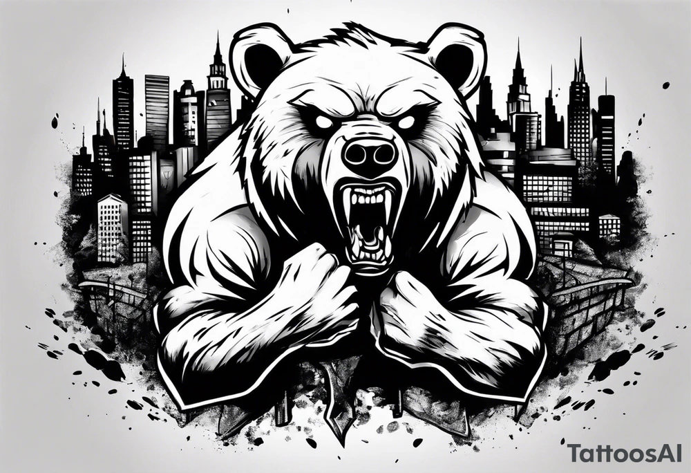 Angry bear coming up behind a city tattoo idea