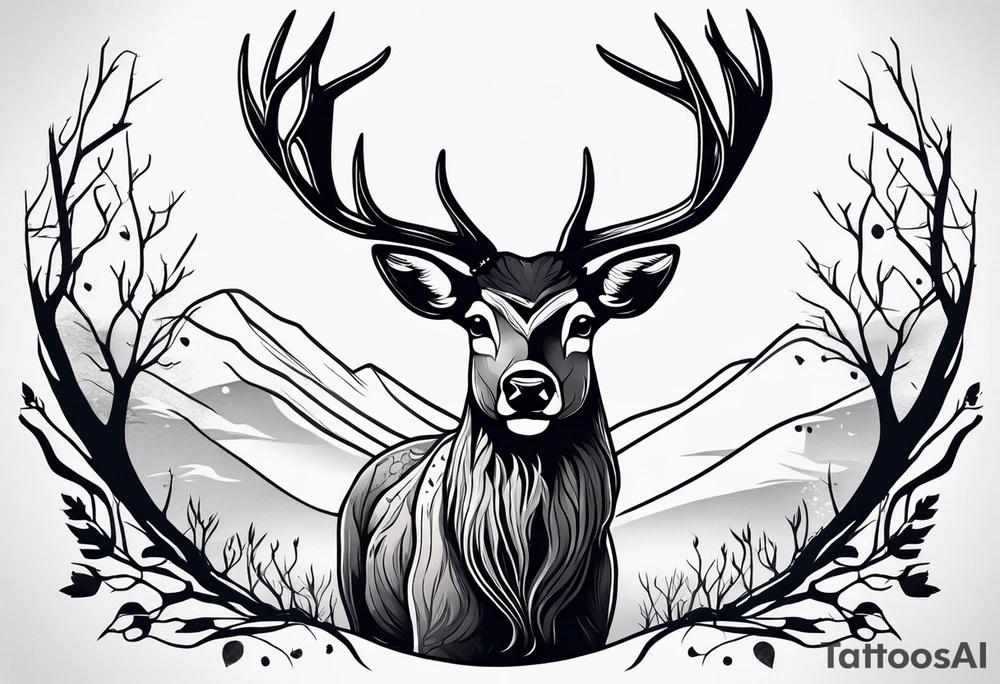 deer with antlers in tree tattoo idea