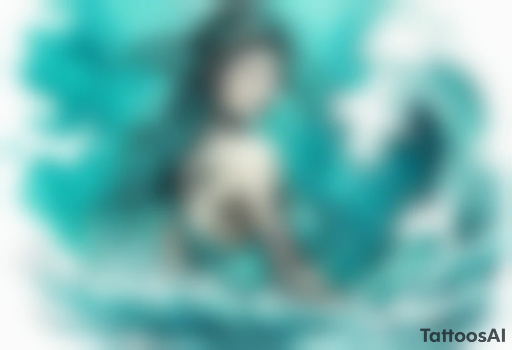 a turquoise Na'vi woman standing in the sea surrounded by crashing waves tattoo idea