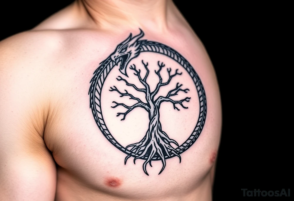 a dragon forming a circle with its body.  the dragon encircles the tree of life.  the dragon is eating the tree. the roots of the tree are strangling the dragon tattoo idea