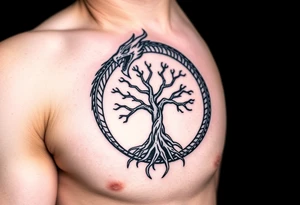 a dragon forming a circle with its body.  the dragon encircles the tree of life.  the dragon is eating the tree. the roots of the tree are strangling the dragon tattoo idea